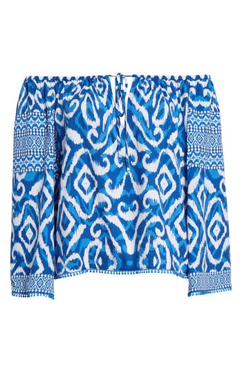 Alice And Olivia Devina Off-the-shoulder Printed Crepe Top In Artisan Ikat French Blue