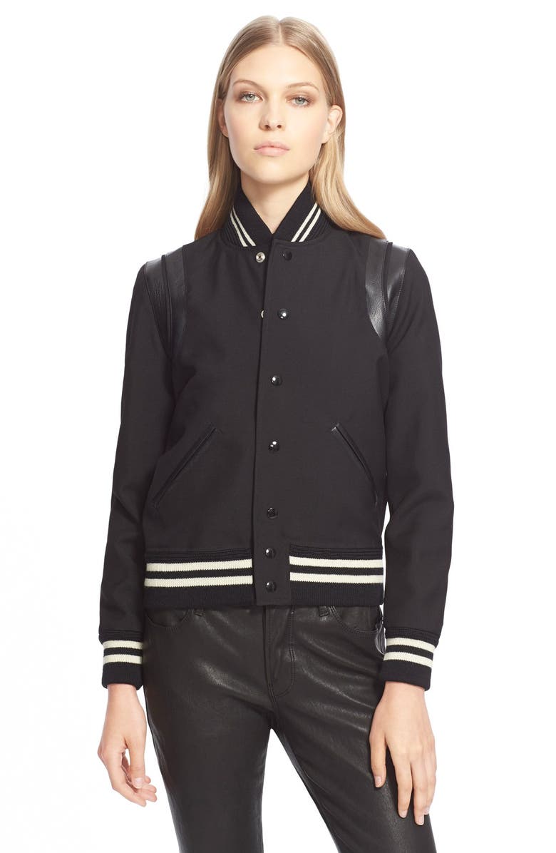 Saint Laurent 'Teddy' Leather Trim Bomber Jacket | Nordstrom