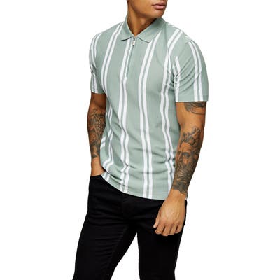 Topman Stripe Zip Pique Polo, Green