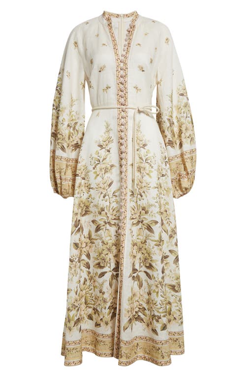 Shop Zimmermann Golden Floral Long Sleeve Buttoned Linen Dress In Sage Toile Floral