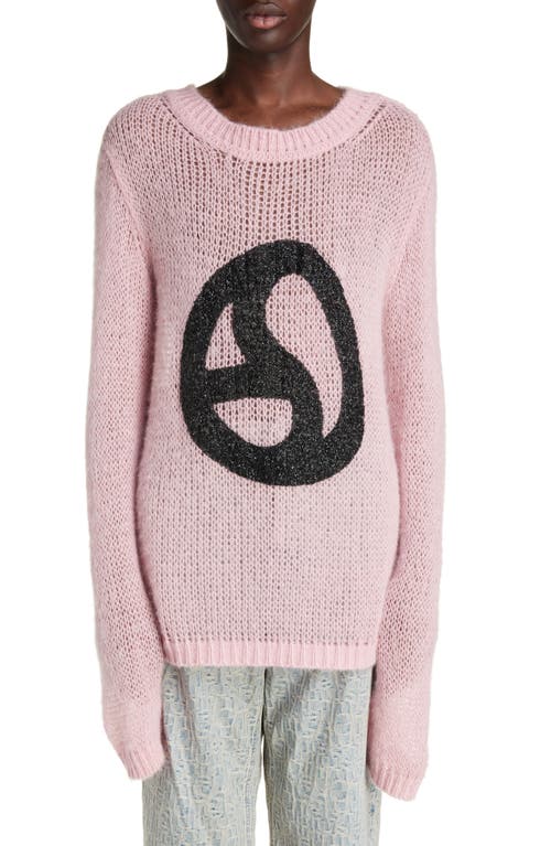 Warped Logo Open Knit Crewneck Sweater in Blush Pink