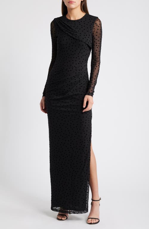 BLACK HALO BLACK HALO MARIKA FLOCKED DOT LONG SLEEVE MAXI COCKTAIL DRESS