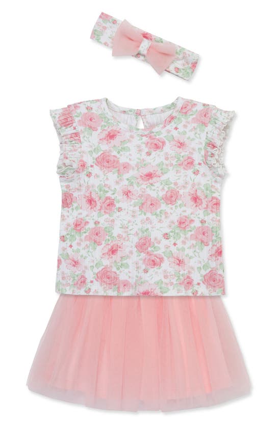 Shop Little Me Garden Fashion Floral Top, Skort & Headband Set In Pink