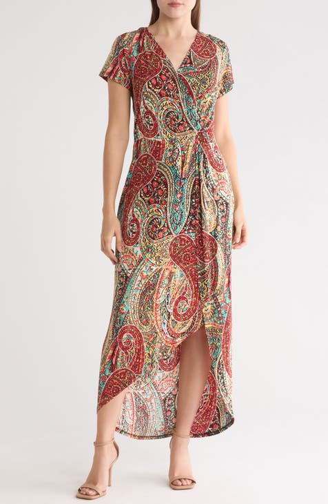 Paisley High-Low Faux Wrap Dress