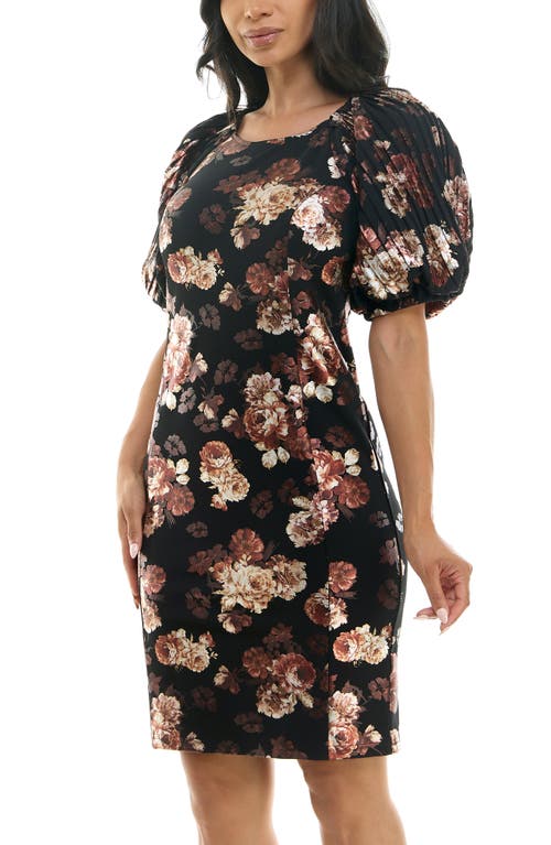 Shop Nina Leonard Floral Puff Sleeve Dress In Black/brown Multi