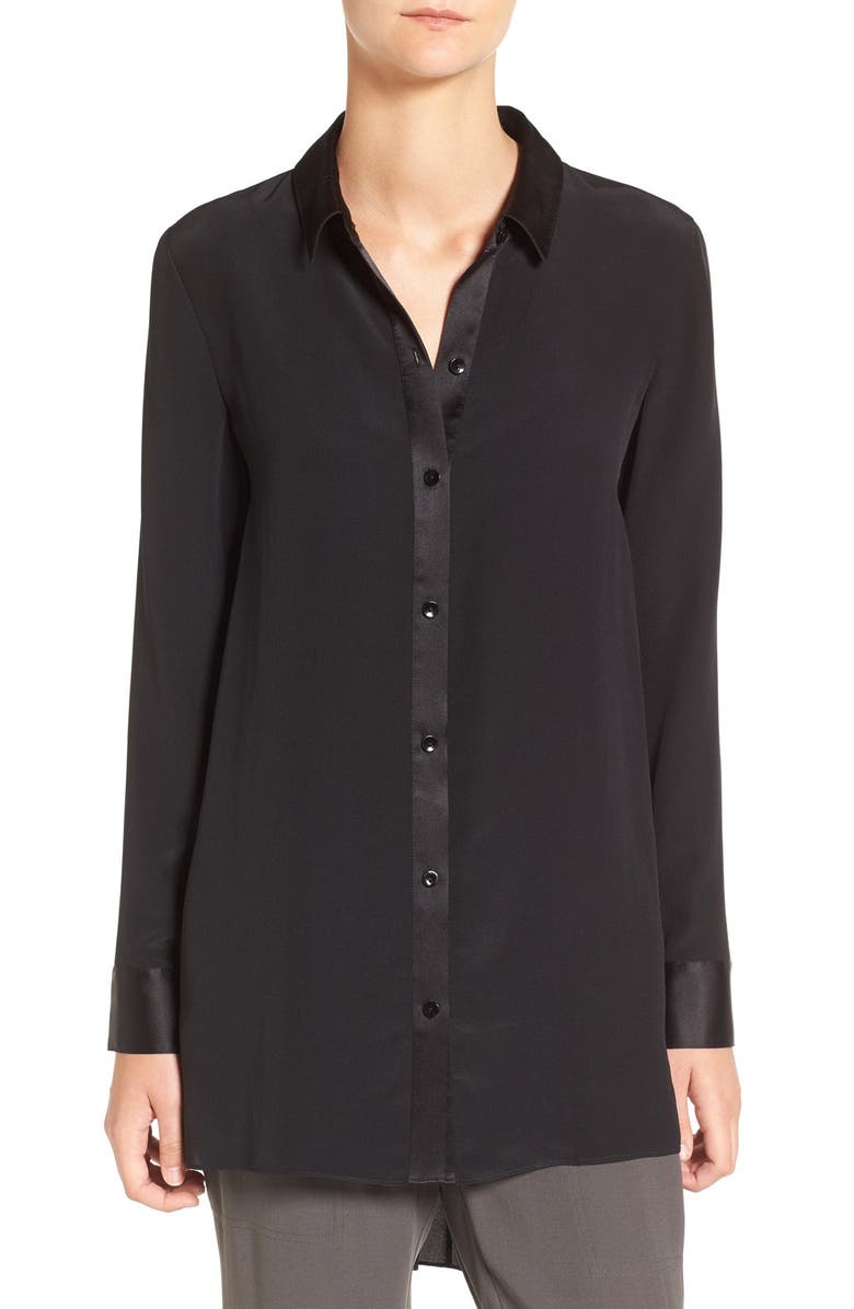 EILEEN FISHER Silk Crêpe de Chine High/Low Blouse, Main, color, 001