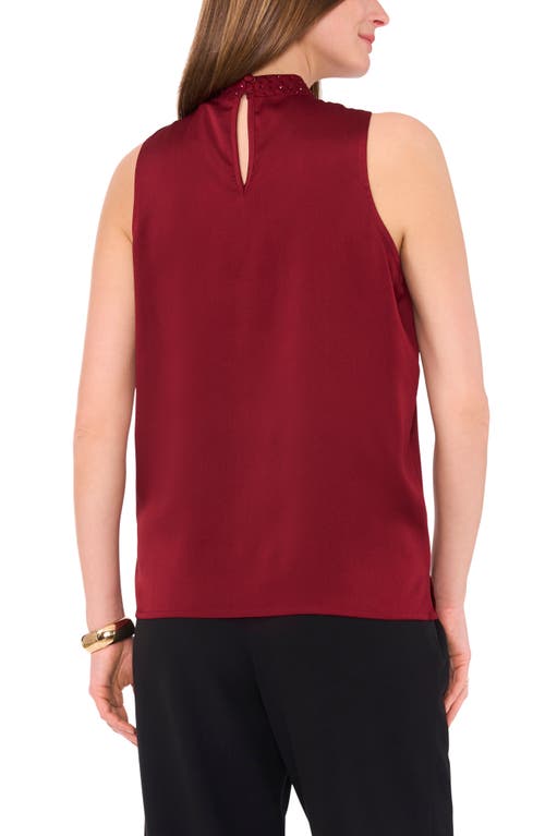 Shop Vince Camuto Beaded Mock Neck Sleeveless Hammered Satin Top In Ruby