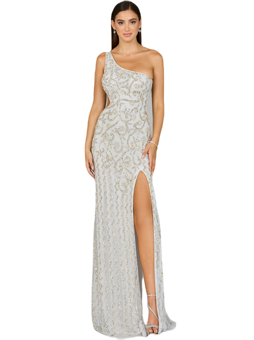 Shop Lara New York One-shoulder Beaded Gown With Slit In Silver