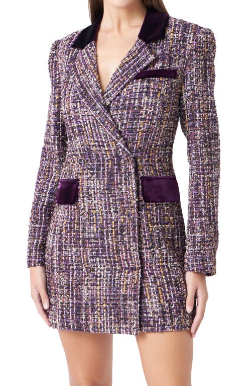 Shop Endless Rose Velvet Trim Long Sleeve Tweed Blazer Dress In Bordeaux