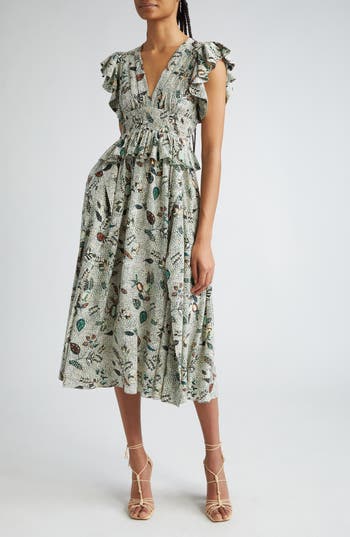 ULLA JOHNSON ULLA JOHNSON BRIELLE FLUTTER SLEEVE SILK MIDI DRESS