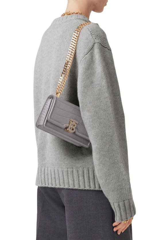 Burberry Elongated Tb Croc Embossed Leather Crossbody Bag In Grey