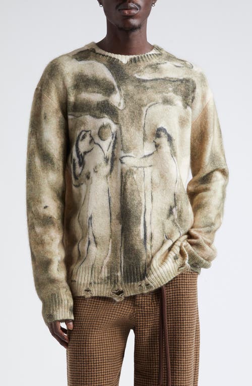 SONG FOR THE MUTE Digital Print Oversize Distressed Sweater in Sepia 