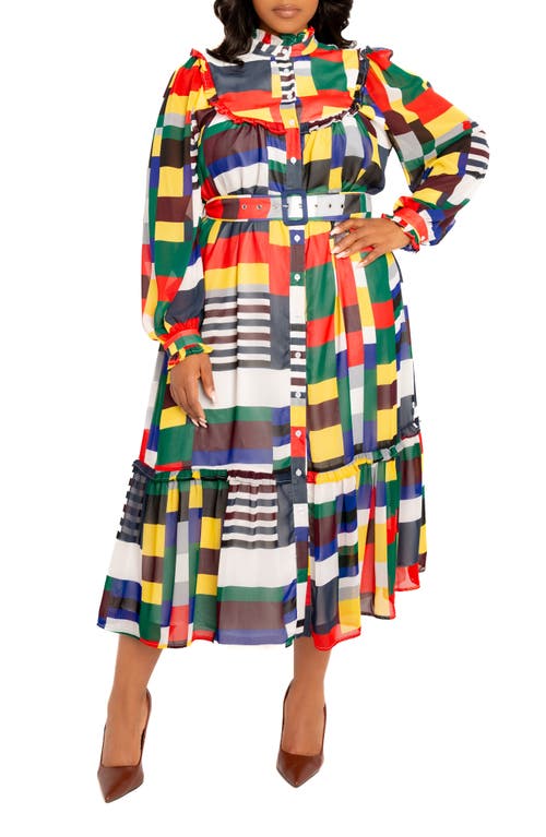 Shop Buxom Couture Plaid Ruffle Bib Belted Long Sleeve Maxi Dress In White/multi-color