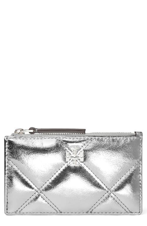 Shop Tory Burch Kira Metallic Diamond Quilted Leather Zip Card Case In Silver