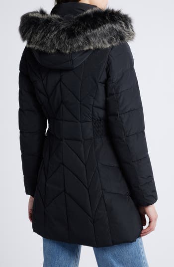 Cole haan down puffer coat with faux fur hood best sale