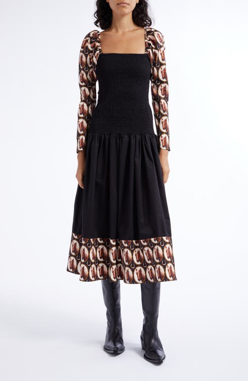 Autumn Adeigbo Nevada Smocked Long Sleeve Maxi Dress in Black/Horse