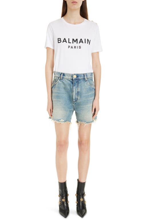Shop Balmain Logo Crop Cotton Graphic T-shirt In Gab White/black