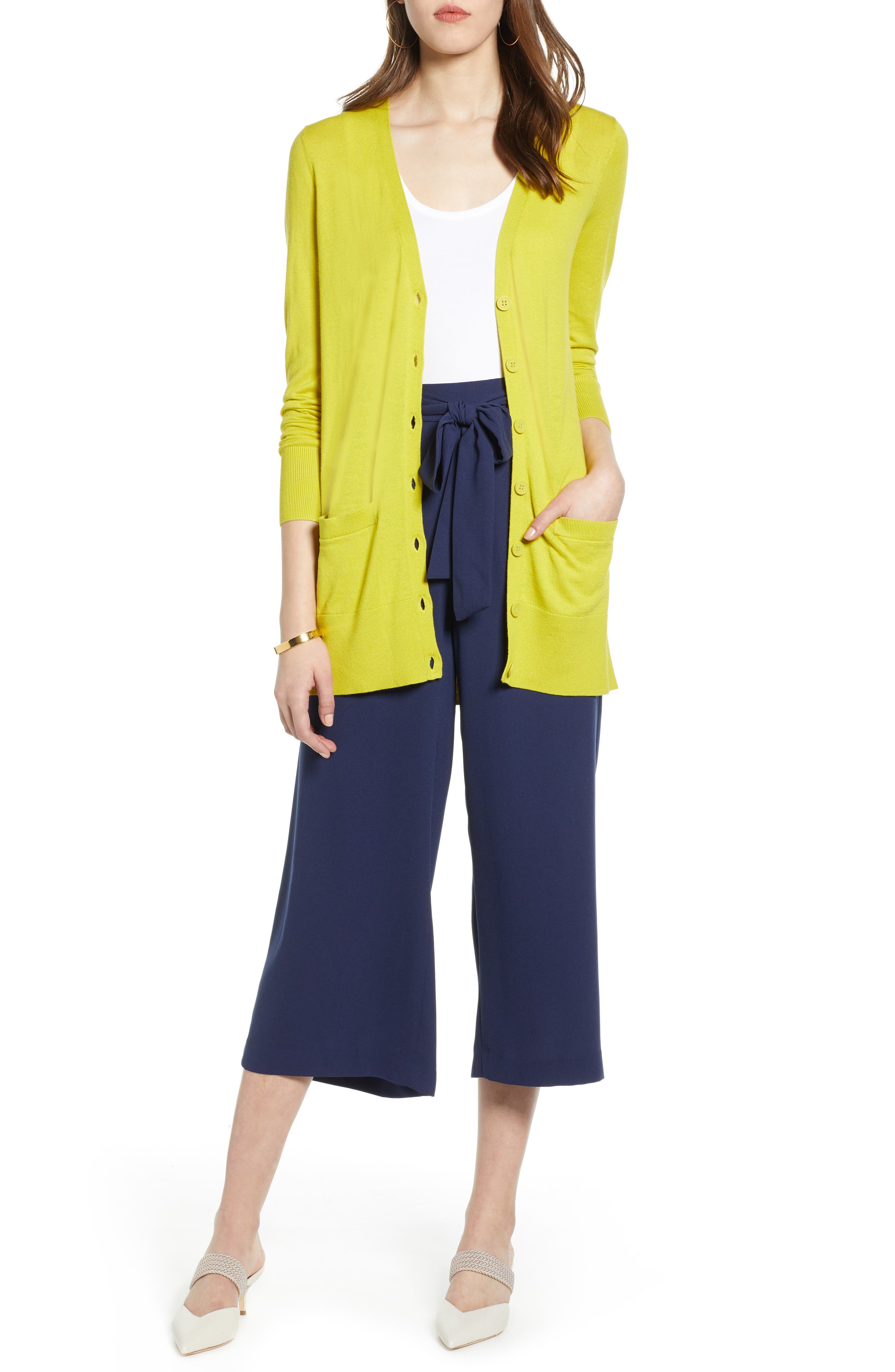 Petite Halogen Button Front Cardigan, Green