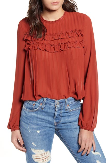 Endless Rose Tops RUFFLE & LACE DETAIL CHIFFON BLOUSE