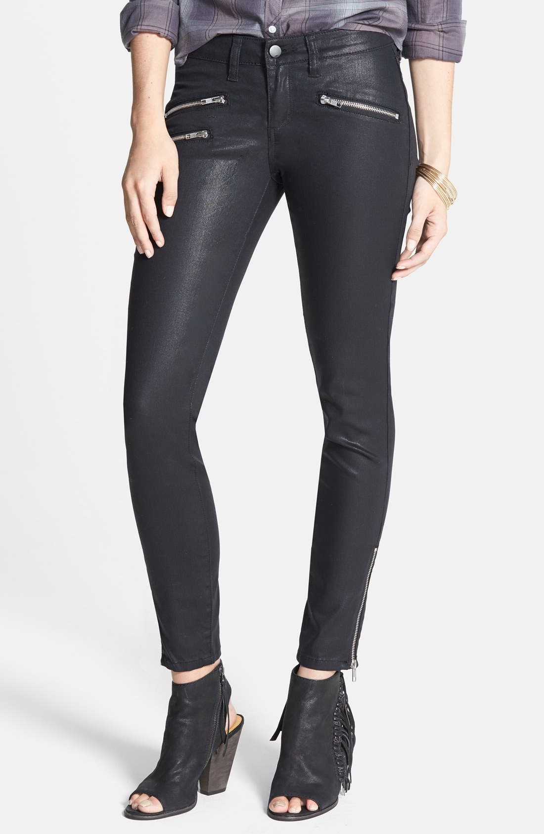 SP Black Zip Detail Coated Skinny Jeans (Black) (Juniors) Nordstrom