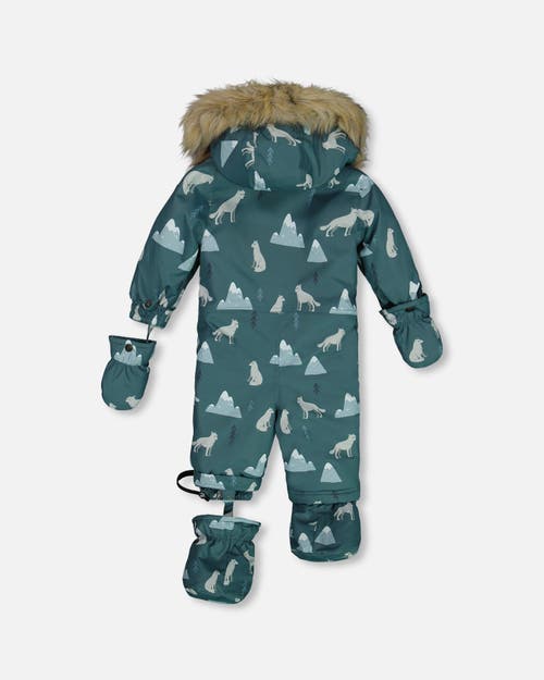 DEUX PAR DEUX DEUX PAR DEUX BABY BOY'S ONE PIECE BABY SNOWSUIT SAGE PRINTED WOLVES DESIGNED FOR CAR SEAT 