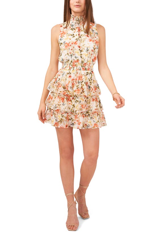1.state Sleeveless Smocked Neck Dress With Ruffle Tiered Skirt In Pink/ Multi