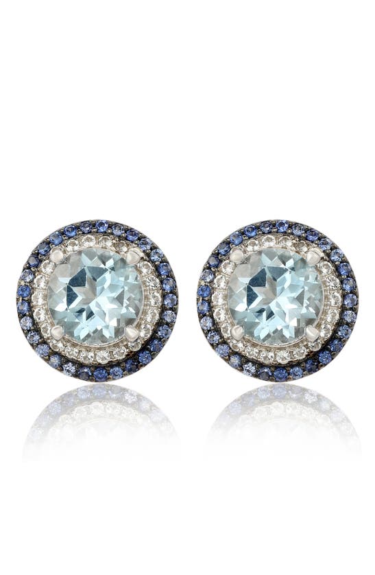 Suzy Levian Semiprecious Stone Double Halo Stud Earrings In Blue