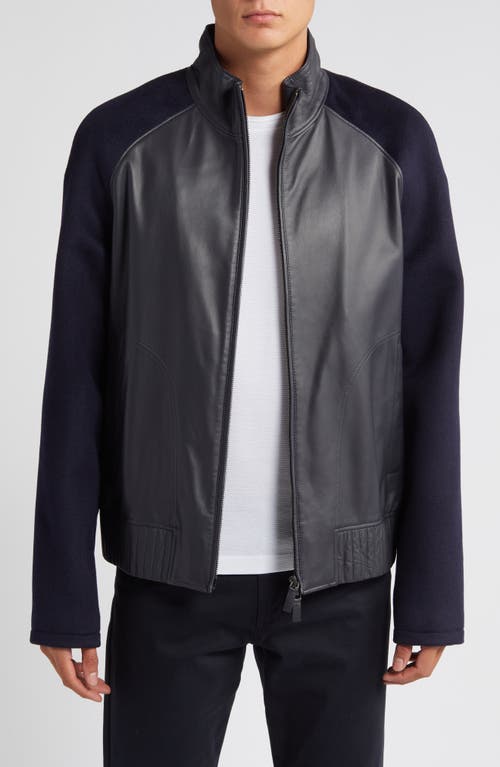 Emporio Armani Wool Sleeve Leather Jacket Solid Blue Navy at Nordstrom, Us