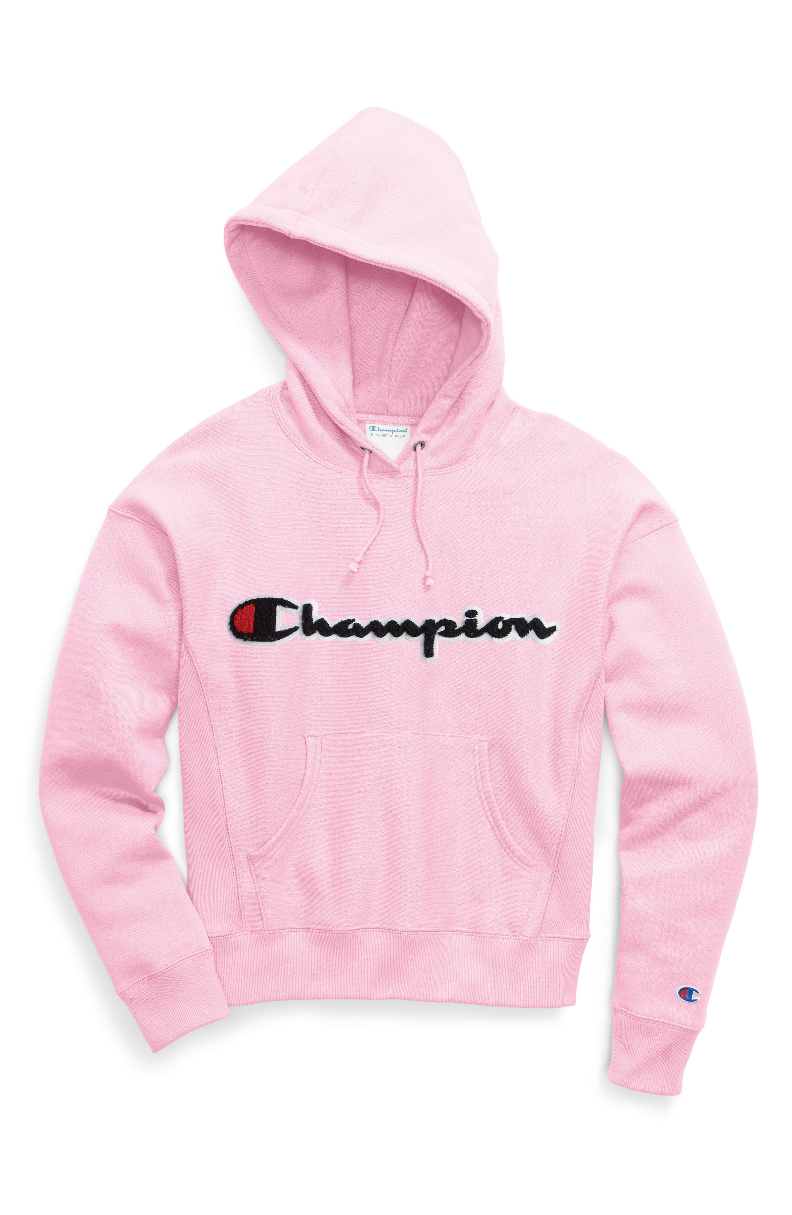 champion reverse weave chenille logo pink hoodie