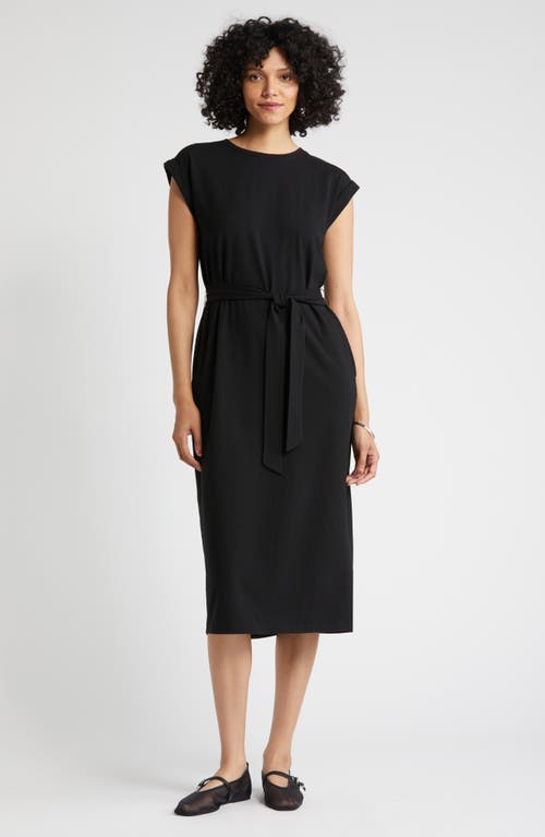 Tie Waist Stretch Cotton Knit Dress in Black