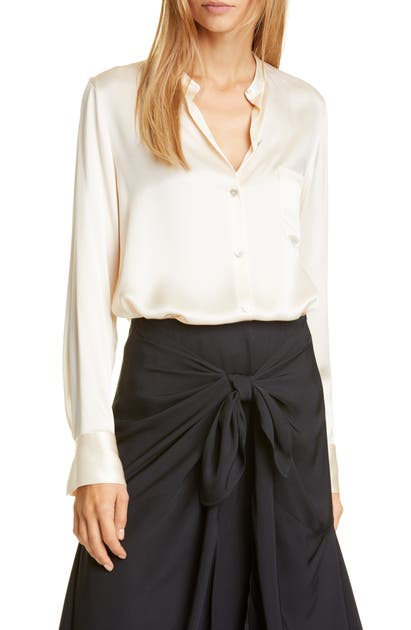 Vince Slim Fit Band Collar Silk Blouse In Chiffon