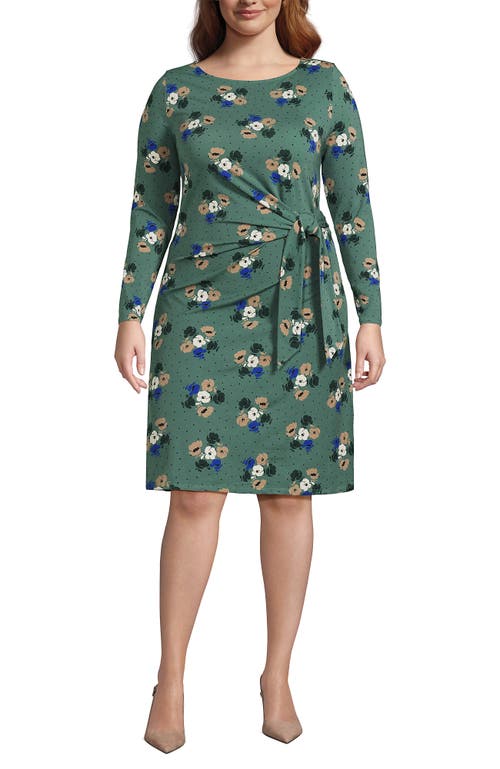 Shop Lands' End Plus Size Boatneck Long Sleeve Tie Waist Dress In Evergreen Multi Dot Floral