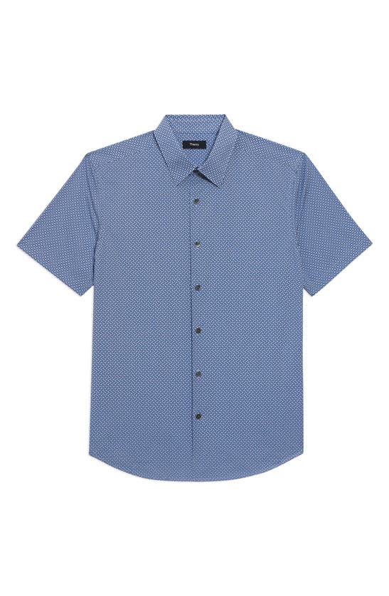Shop Theory Irving Geo Print Stretch Short Sleeve Button-up Shirt In Palace Blue Multi