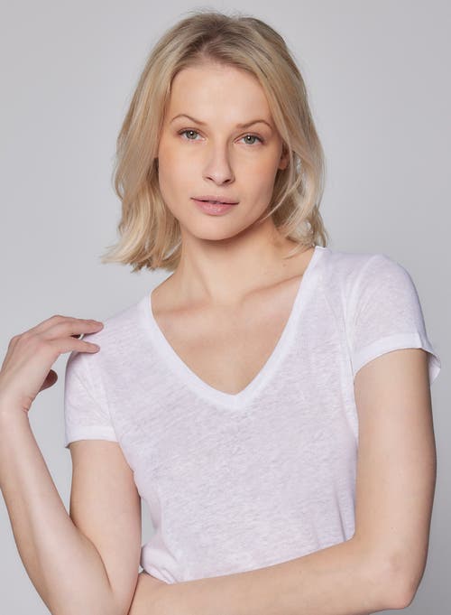 Shop Majestic Filatures Stretch Linen Short Sleeve V-neck T-shirt In Blanc