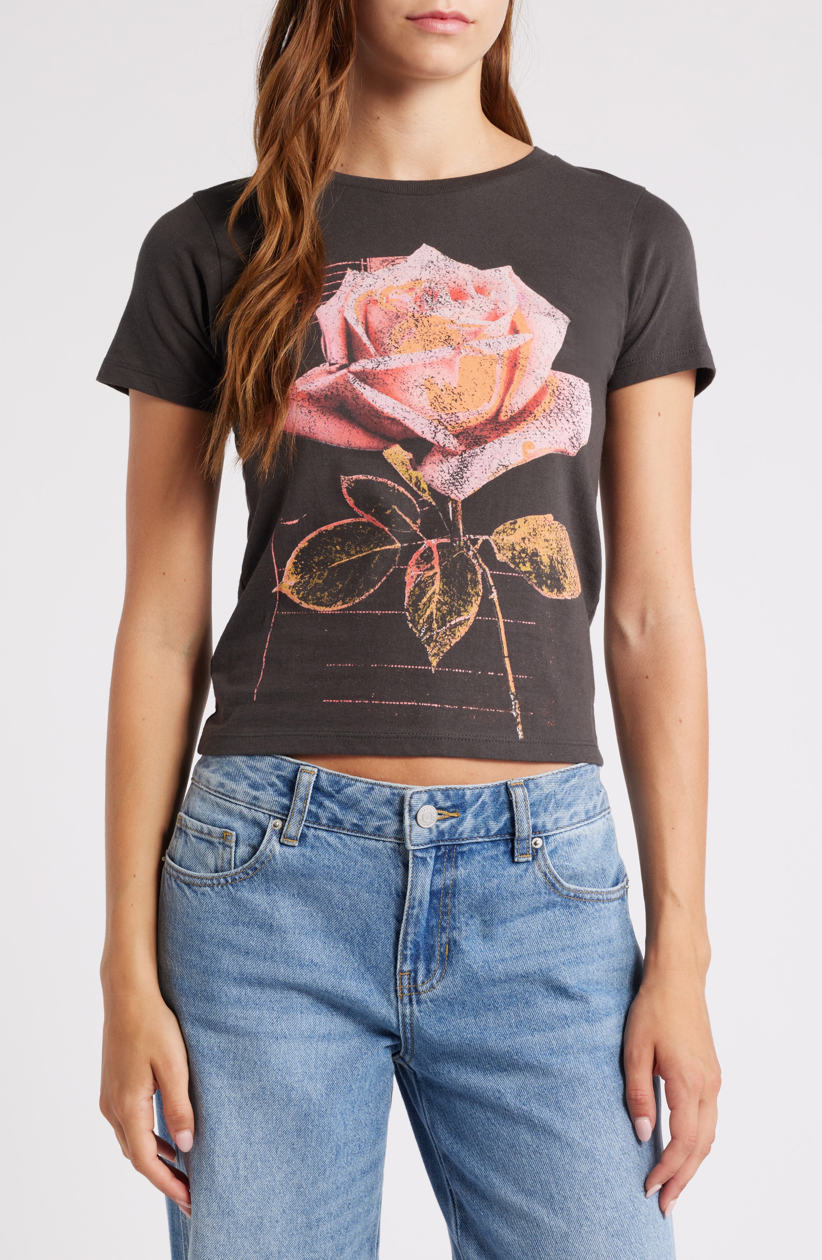 GOLDEN HOUR Pink Rose Cotton Graphic Baby Tee in Pirate Black 
