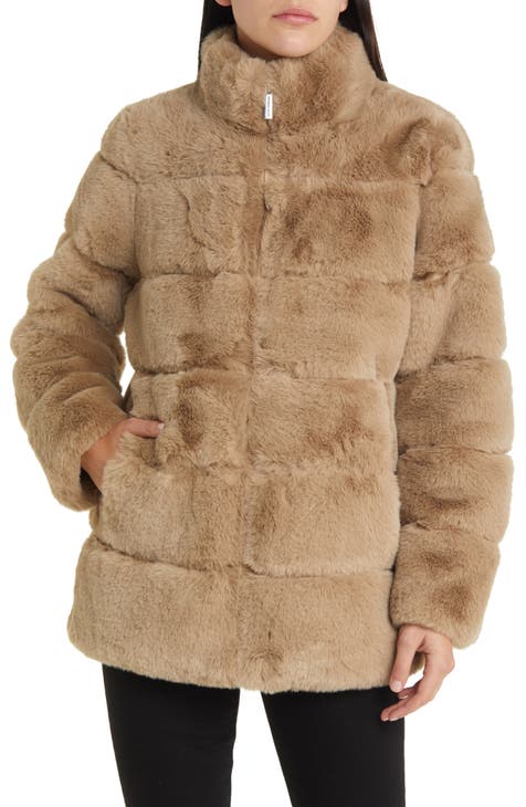 ASOS DESIGN Tall stand collar faux fur coat in brown