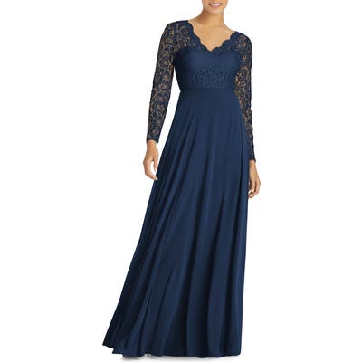 Dessy Collection Long Sleeve Lace & Chiffon Gown, Blue