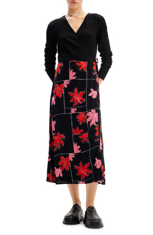 Floral Long Sleeve Wrap Midi Dress in Black