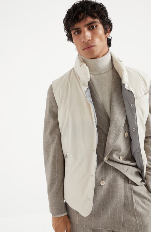 Shop Brunello Cucinelli Techno Cotton Gabardine Down Vest With Shearling Insert In Off-white