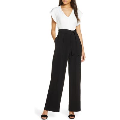 Petite Eliza J Short Sleeve Two-Tone Jumpsuit, Ivory