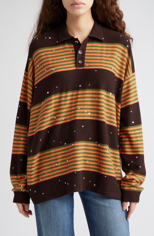 Crystal Embellished Stripe Merino Wool Polo Sweater in Brown Multi