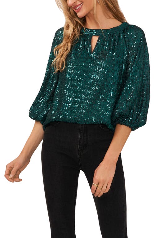 Shop Vince Camuto Sequin Keyhole Neck Blouse In Dark Green