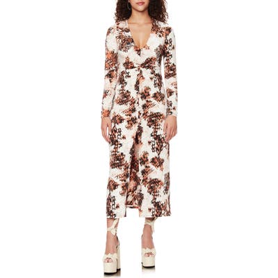 Afrm Zoey Animal Print Long Sleeve Dress, Beige