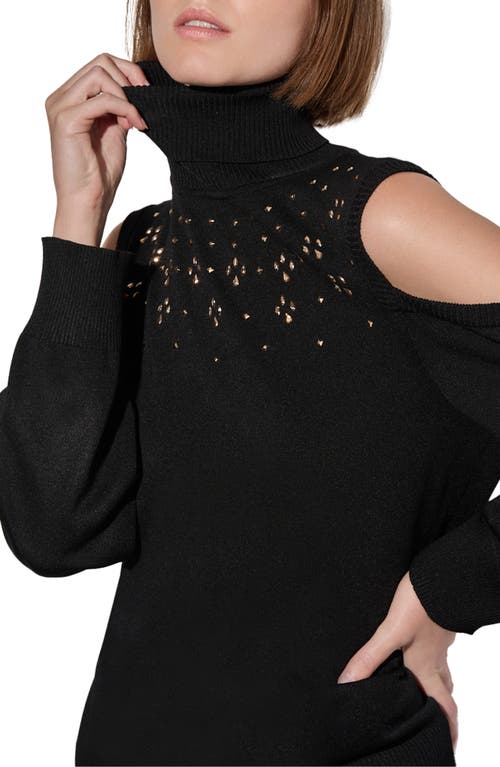 Shop Ming Wang Embellished Cold Shoulder Turtleneck Sweater In Black/gold