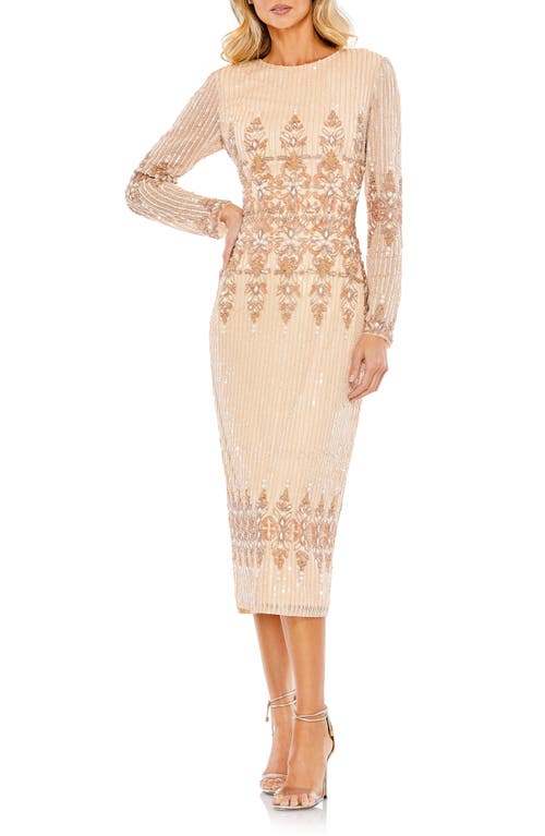 Mac Duggal Bead & Sequin Long Sleeve Sheath Gown Peach at Nordstrom,