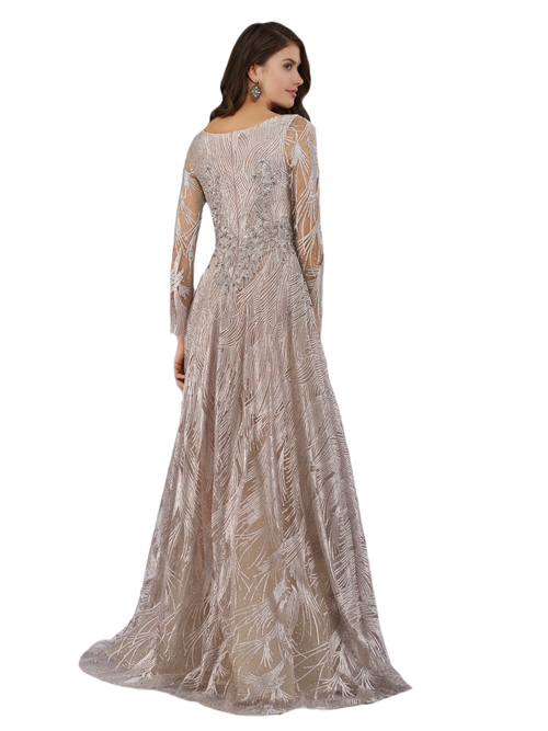 Lara New York Long Sleeves Beaded Ballgown In Stone