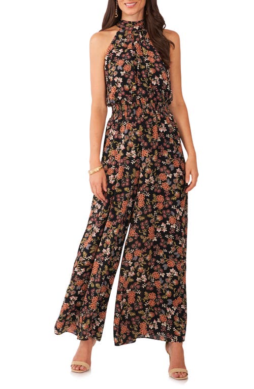 Shop Vince Camuto Floral Wide Leg Georgette Jumpsuit In Rich Black