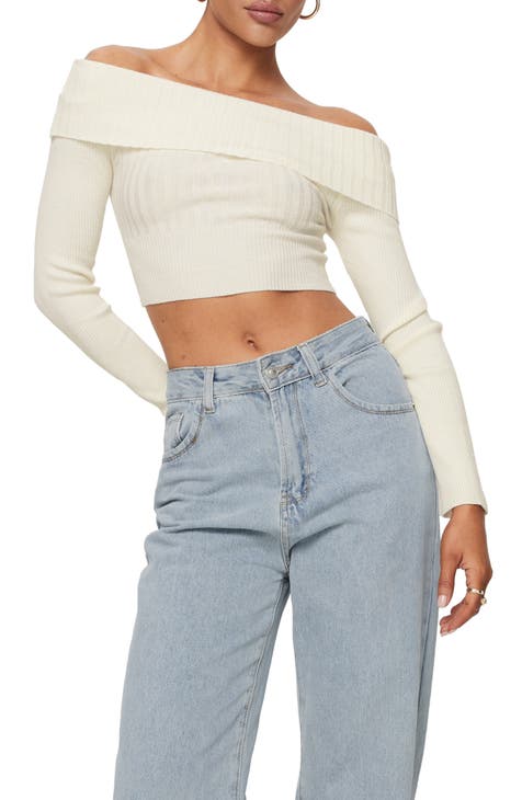 Tagula Off-the-Shoulder Rib Crop Sweater