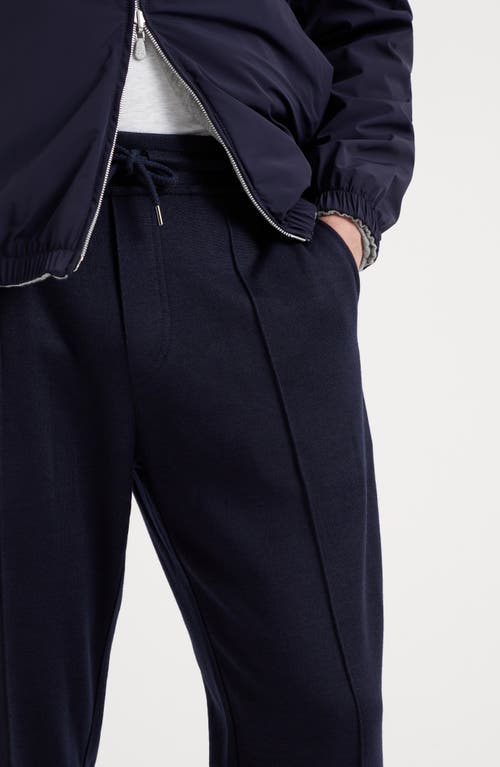 Shop Brunello Cucinelli Cashmere And Silk French Terry Trousers With Crête Detail And Elasticated Zipper  In Navy Blue