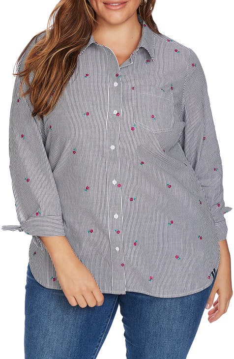 Floral Embroidery Pinstripe Cotton Button-Up Shirt (Plus Size)